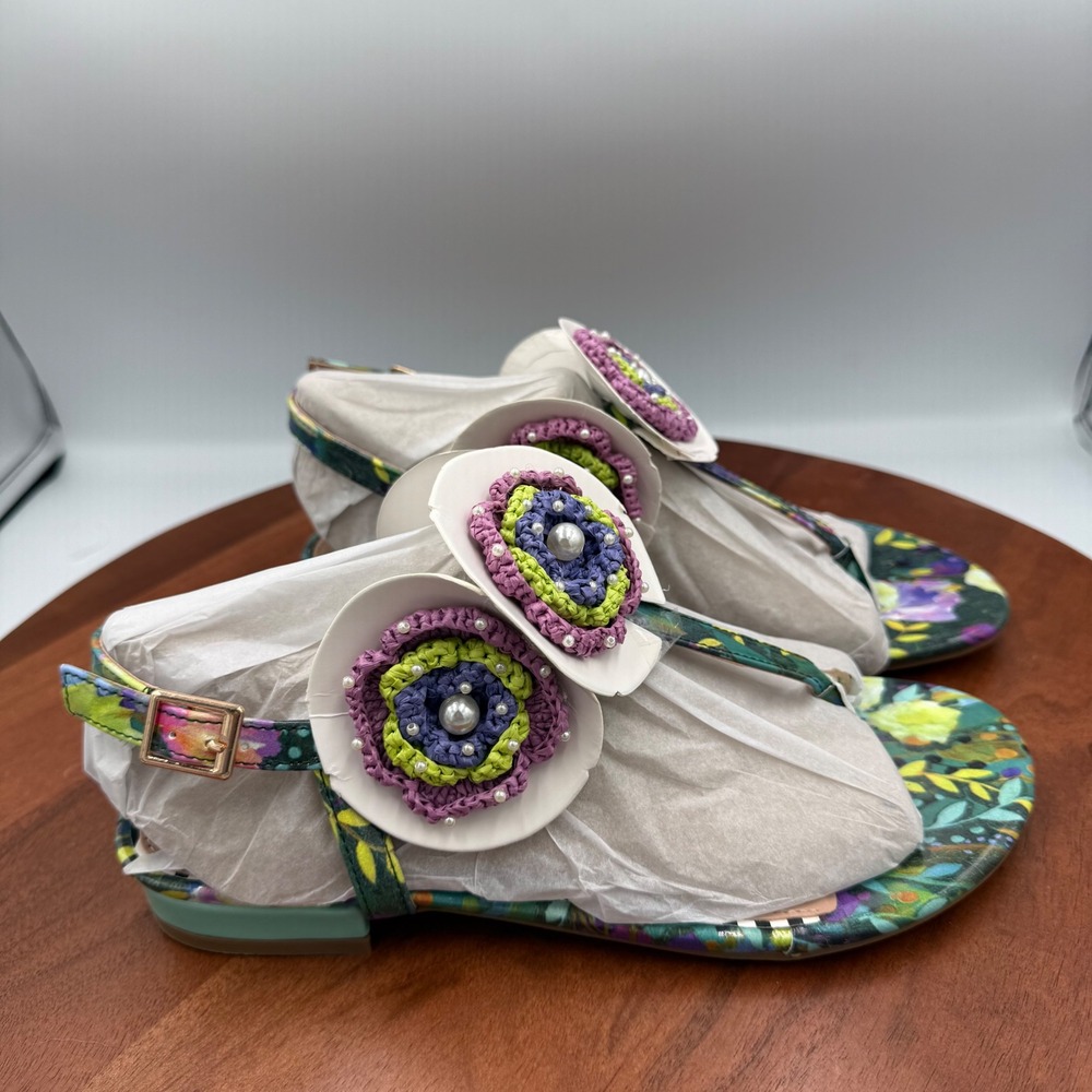 Betsey Johnson Cindii Floral Crochet Flower Pearl Flat Sandals Bright Multi Sz.8 - Picture 3 of 13